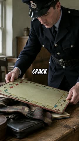 At two seconds, an illustrated police officer examines a board game on a table.