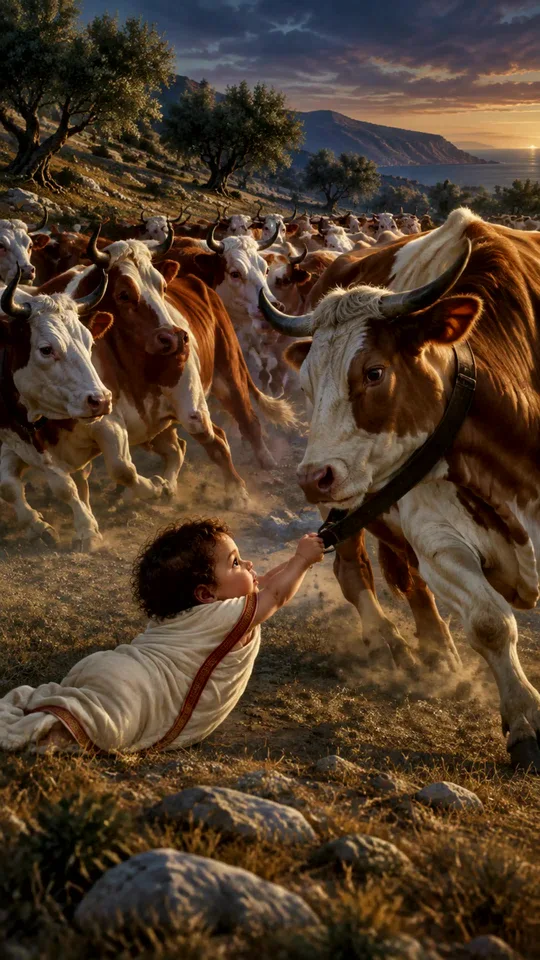 Baby Hermes reaching toward cattle at sunset