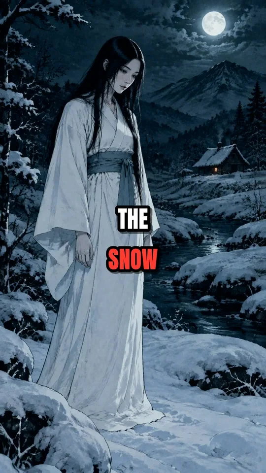 Yuki-onna standing in a snowy moonlit landscape